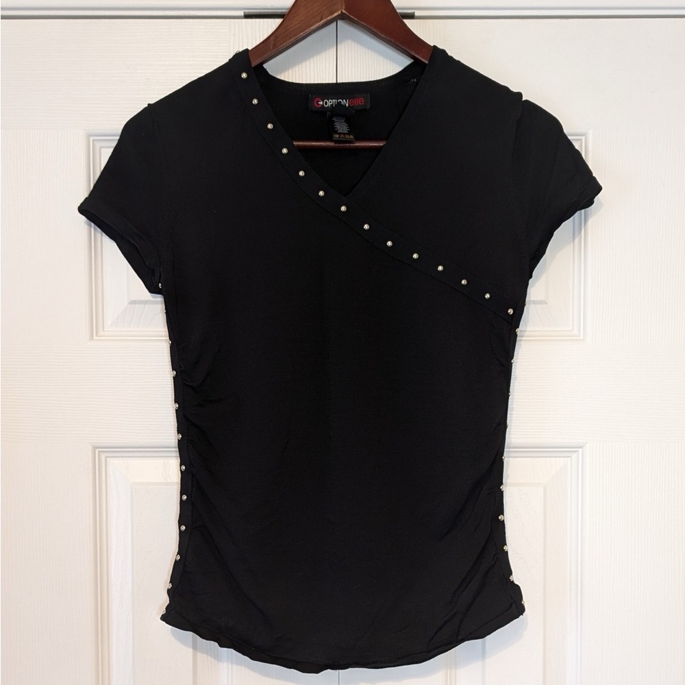 Real Y2K Vintage Option Elle Studded Wrap Tee V-Neck Black Goth Alternative